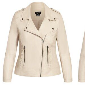 City Chic Whip-stitched Biker Straw Cream Moto Faux-Leather Jacket 18